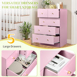 Karl home Dresser for Bedroom, Modern Wood Dresser Chest of Drawers, Bedroom Dressers Nightstand, Anti-Tipping Device, Rose Gold Metal Handle, Living Room, Hallway, Office (Pink-5 Drawer) Karl home
