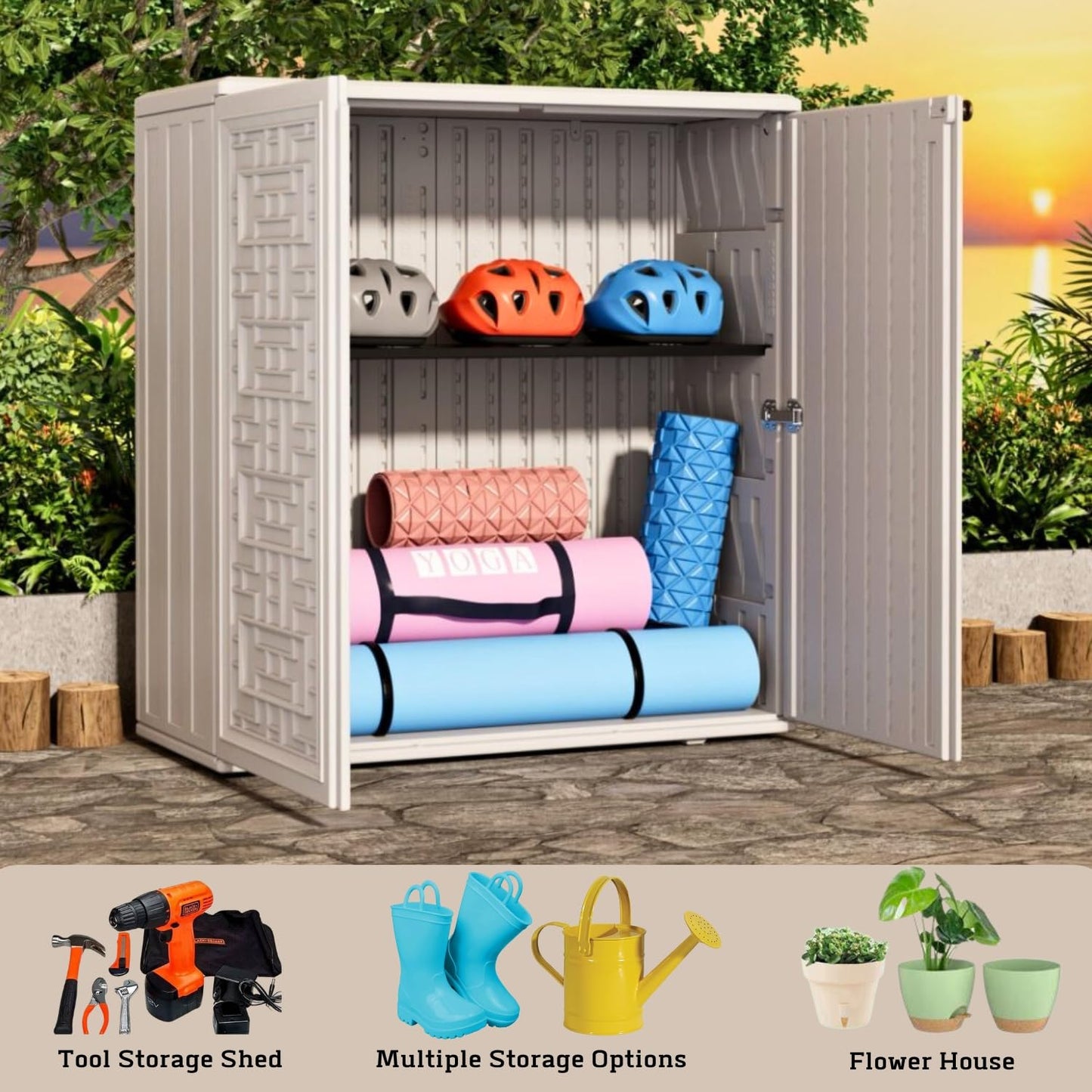 ZZM HDPE Outdoor Storage Shed, Outdoor Plastic Storage Cabinet, Horizontal Resin Tool Shed for Garden, All Weather Outdoor Storage Clearance, DIY Usage,Lockable and with one Shelf (White)