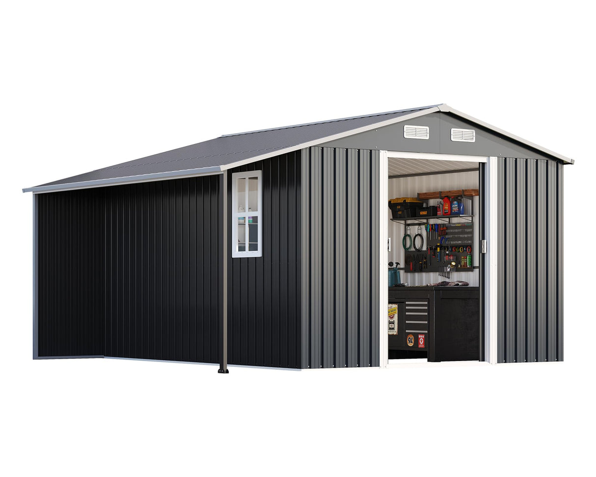 AMERLIFE 10.6x10.3x6.3 FT Metal Storage Shed with Sliding Doors Two 4-Pane Windows, Open Outdoor Shed for Wood Storage, Dark Grey/White AMERLIFE