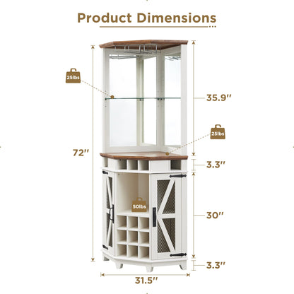 OKD Corner Bar Storage Cabinet, 72" Tall Farmhouse Wine Bar Cabinet w/Barn Door & Adjustable Shelves for Home w/LED Lights & Glass Rack for Dining Room, Living Room, Kitchen, Antique White - WoodArtSupply