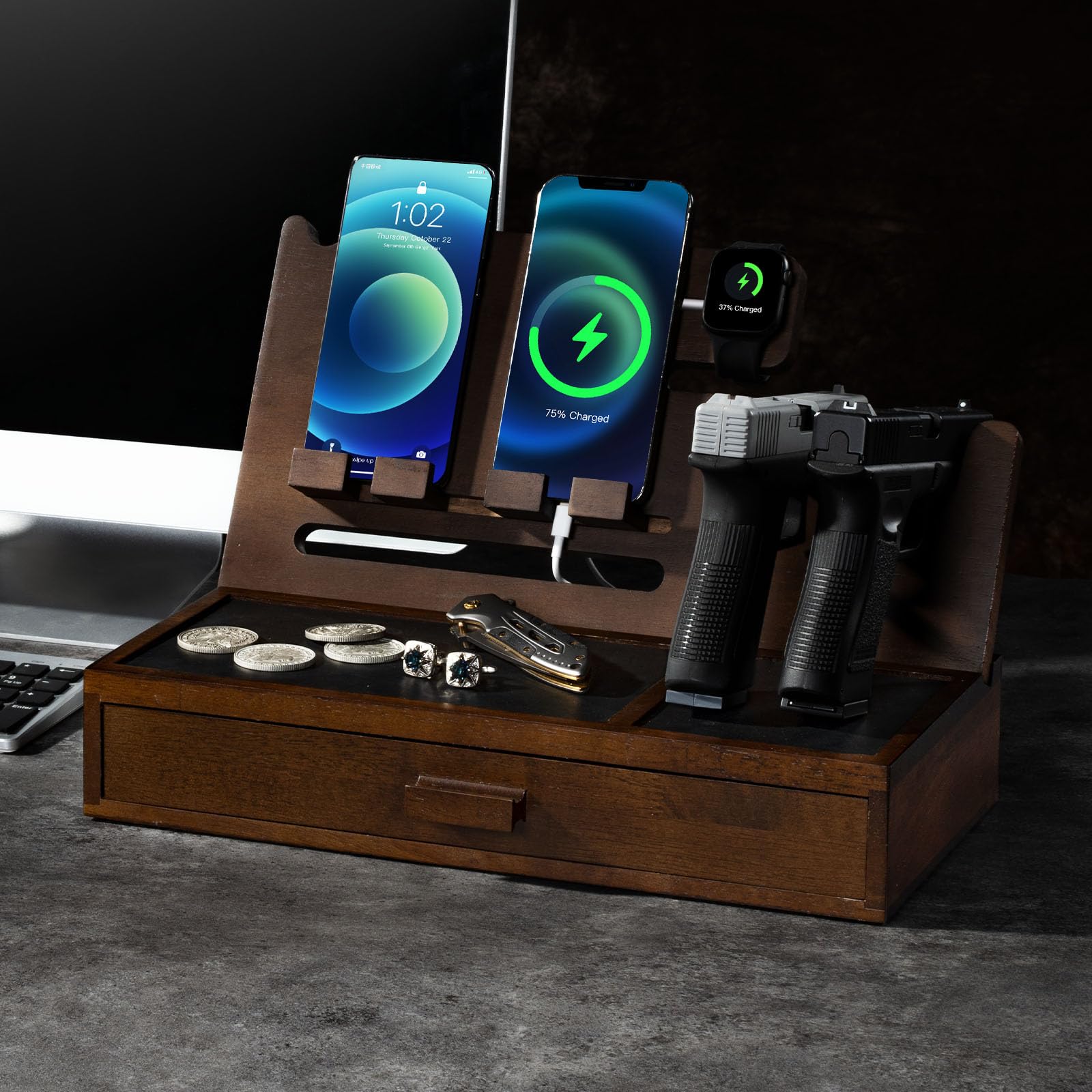 DGWJSU Phone Docking Station as Gifts for Men, Wood Pistol Rack As Nightstand Organizer for Gun Safe, Phone Charging Station as Gifts for Him Boyfriend Father in Anniversary Birthday Christma - WoodArtSupply