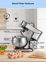 Stand Mixer FOHERE, 5.8 QT Stainless Steel Mixer with Dough Hook, Mixing Beater, Wire Whip, Dishwasher-safe, 6+P Speeds Tilt-Head Kitchen Dough Mixers for Cake, Electric Home Cooking Kitchen Mixer FOHERE
