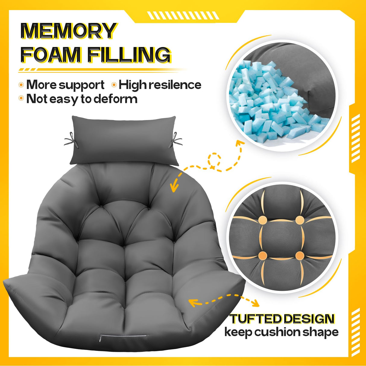 MAGIC ELEPHANT Egg Chair Cushion, Memory Foam Hanging Egg Chair Cushion Replacement, Indoor Outdoor Hammock Basket Swing Cushion with Headrest (Grey) MAGIC ELEPHANT