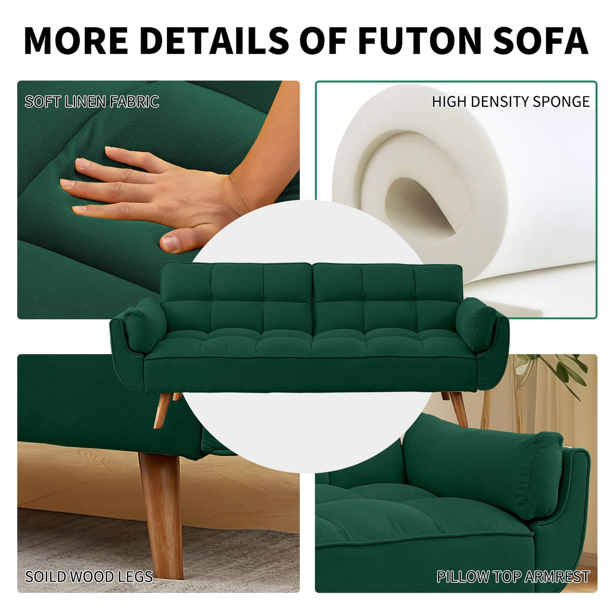 Homies Life Solid Wood Feet Futon Couch Tufted Convertible Sleeper Sofa Bed Solid Wood Legs Adjustable Backrest Living Room Hemp Sponge S-Shaped Spring Eucalyptus Frame (Green) Homies Life