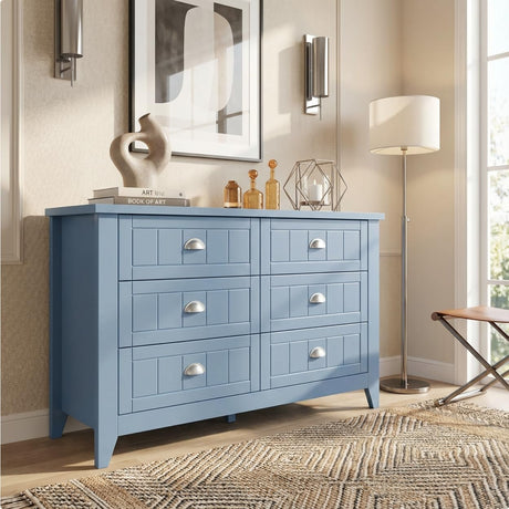Cakhdry Dresser for Bedroom, 6 Drawer Dresser, Wide Chest of Drawers for Closet,TV Stand with Sturdy Frame and Wood Top, Easy Pull Handles for Clothes, Living Room, Hallway, Entryway,Light Blue Cakhdry