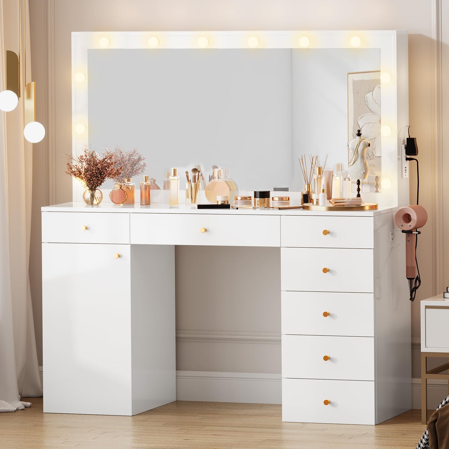 YITAHOME 56'' Makeup Vanity with Mirror and Lights, 3 Color Modes Adjustment with 12 LED Lights, Large Dressing Table with Tabletop, Vanity Desk with Power Outlet, 7 Drawers, Cabinet, Bedroom - WoodArtSupply