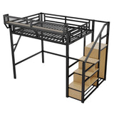 KEIKI Full Size Metal Loft Bed Frame with Staircase, Built-in Storage Shelves and Wardrobe, Modern Loft Bed with Solid Slats and Guardrail, No Box Spring Required, Easy Assembly, for Bedroom, Black KEIKI