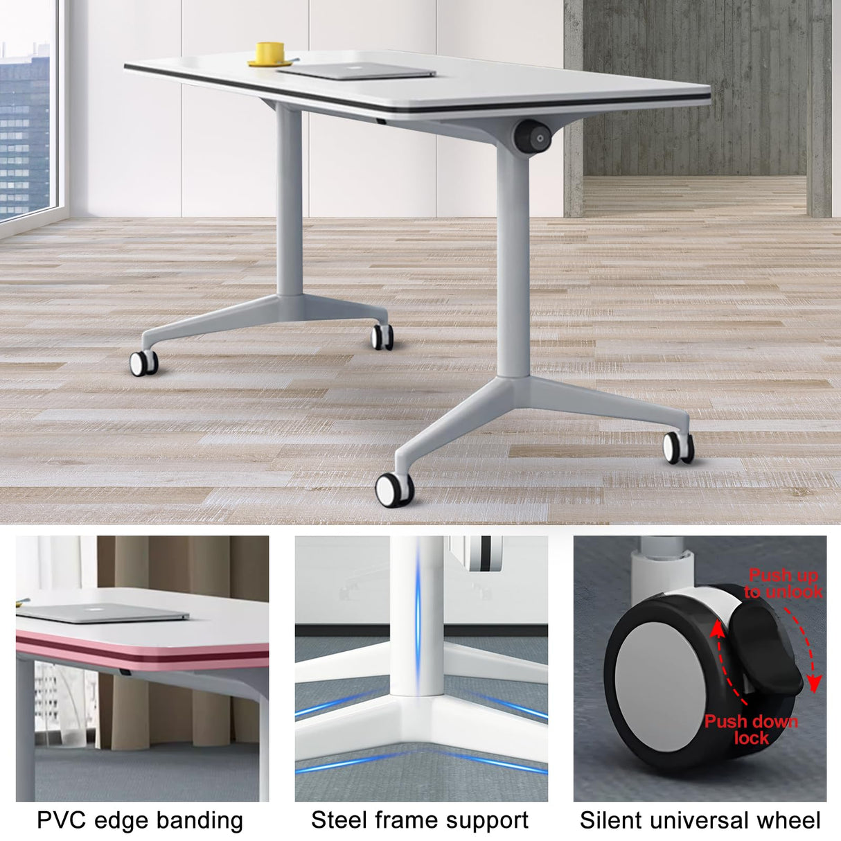 Conference Table Flip Top Mobile Training Table,White Folding Conference Room Table,Modular Meeting Table with Silent Wheels,Rounded Corner Design with Strong Metal Legs for Office,Classroom (3PCS) Goakwwuz