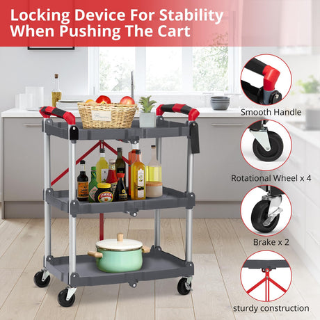 Towallmark Portable Folding Service Cart, 3 Tier Folding Utility Cart, Collapsible Utility Carts for Office, Warehouse, and Home, 56 Lbs Load Capacity per Shelf (Grey & Red) Towallmark