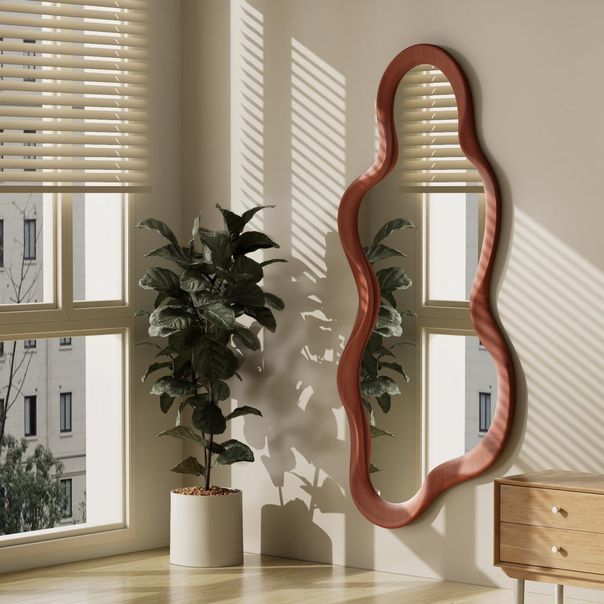 osemy 48"x 22" Irregular Wall Mirror, Walnut Wood Framed Wall Mirror, Asymmetrical Wall Wavy Mirror for Living Room Bedroom Entryway Bathroom Modern Decorative Mirror with Hanging Hooks osemy