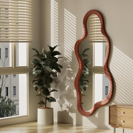osemy 48"x 22" Irregular Wall Mirror, Walnut Wood Framed Wall Mirror, Asymmetrical Wall Wavy Mirror for Living Room Bedroom Entryway Bathroom Modern Decorative Mirror with Hanging Hooks osemy