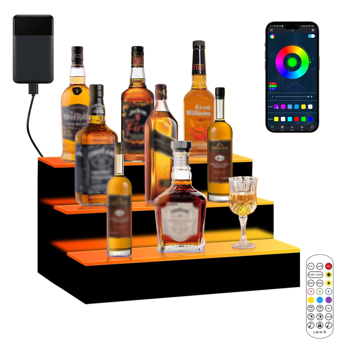 VONCI 16 Inch 3 Step LED Lighted Liquor Bottle Display Shelf, Bar Bottle Display Shelf with Remote Control and App Control for Home Commercial Bar Party VONCI
