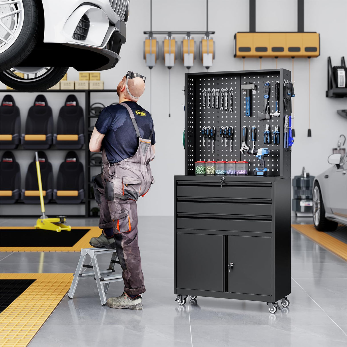 Yizosh Metal Garage Storage Cabinet with Wheels,3-Drawer Rolling Tool Cabinet with 2 Door and Adjustable Shelves,- 71" Steel Tool Cabinet for Warehouse,Garage,Workshop Yizosh