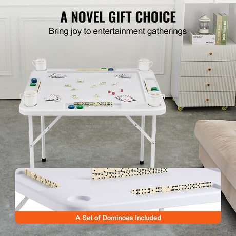 VEVOR Mahjong Table, Square 4 Player Folding Card Table with 4 Cup Holders & 4 Chip Trays, Portable Domino Game Table with 1 Set of Dominoes for Mahjong Poker Puzzles, 35.4 x 35.4-inch, White VEVOR