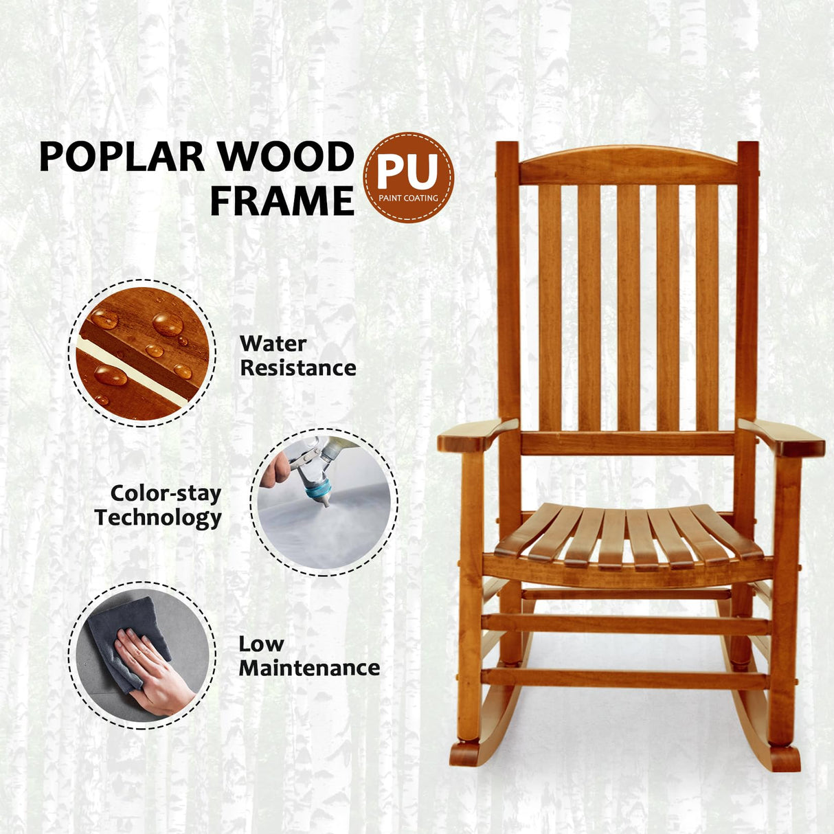 Hupmad Wooden Rocking Chair Rocker Outdoor Oversized Porch Rocker Chair,Patio Wooden Rocker with Armrest,All Weather Rocker Slatted for Backyard,Garden,400 lbs Support,Natural Hupmad