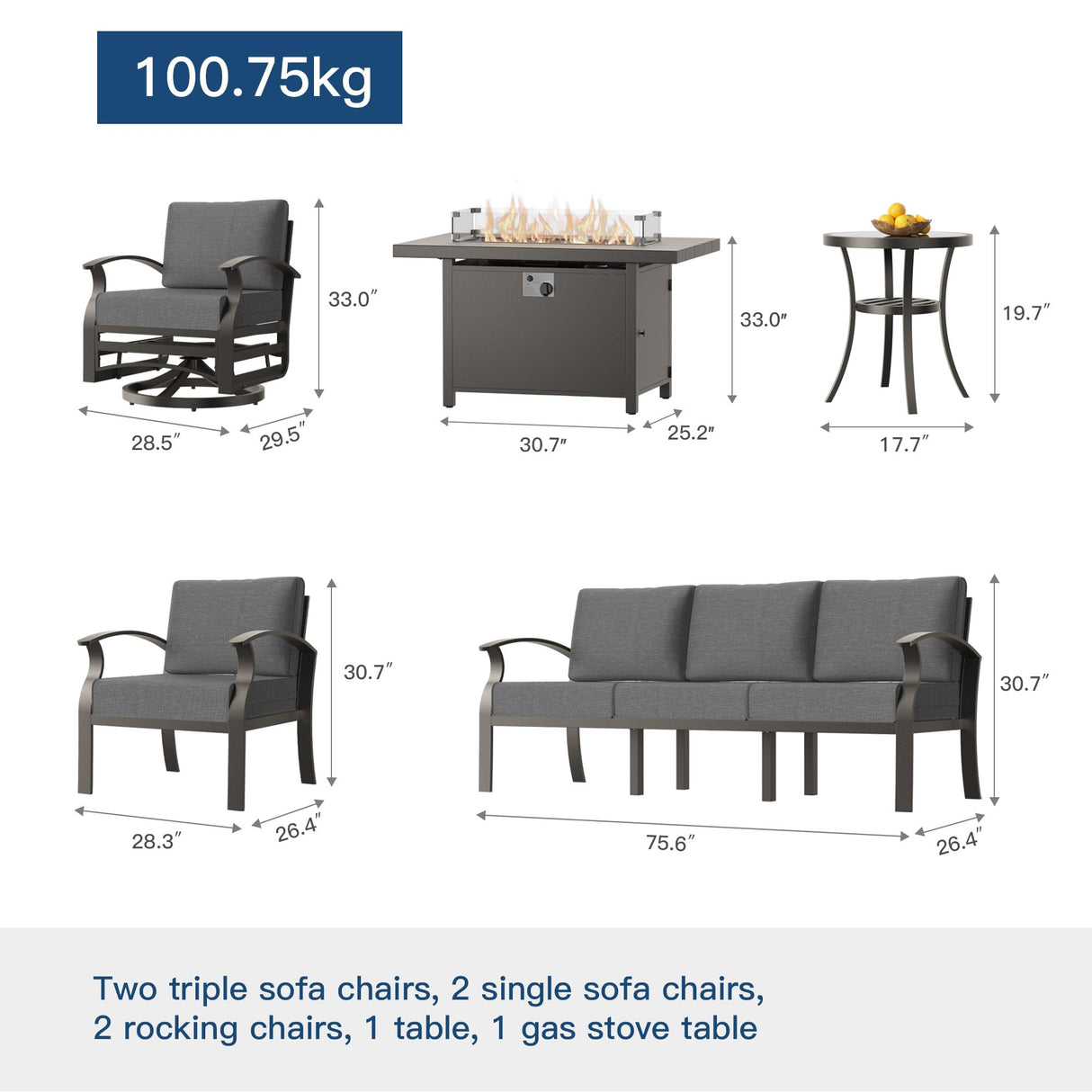 Kullavik Aluminum Patio Furniture Set,8 Pieces 10 Seat Metal Outdoor Furniture Conversation Set w/45 Propane Gas Fire Pit&Swivels,Grey Kullavik