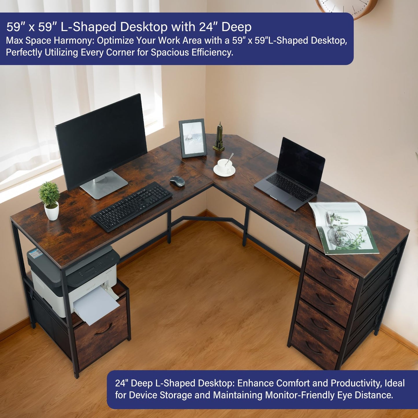 TOPSKY L-Shaped Desk Corner Computer Desk with 18.9" Depth Workstation, Cloth File Cabinet for Letter Size File Folder and 4 Cloth Storage Cabinets (Bamboo, 59 * 59 inch) - WoodArtSupply