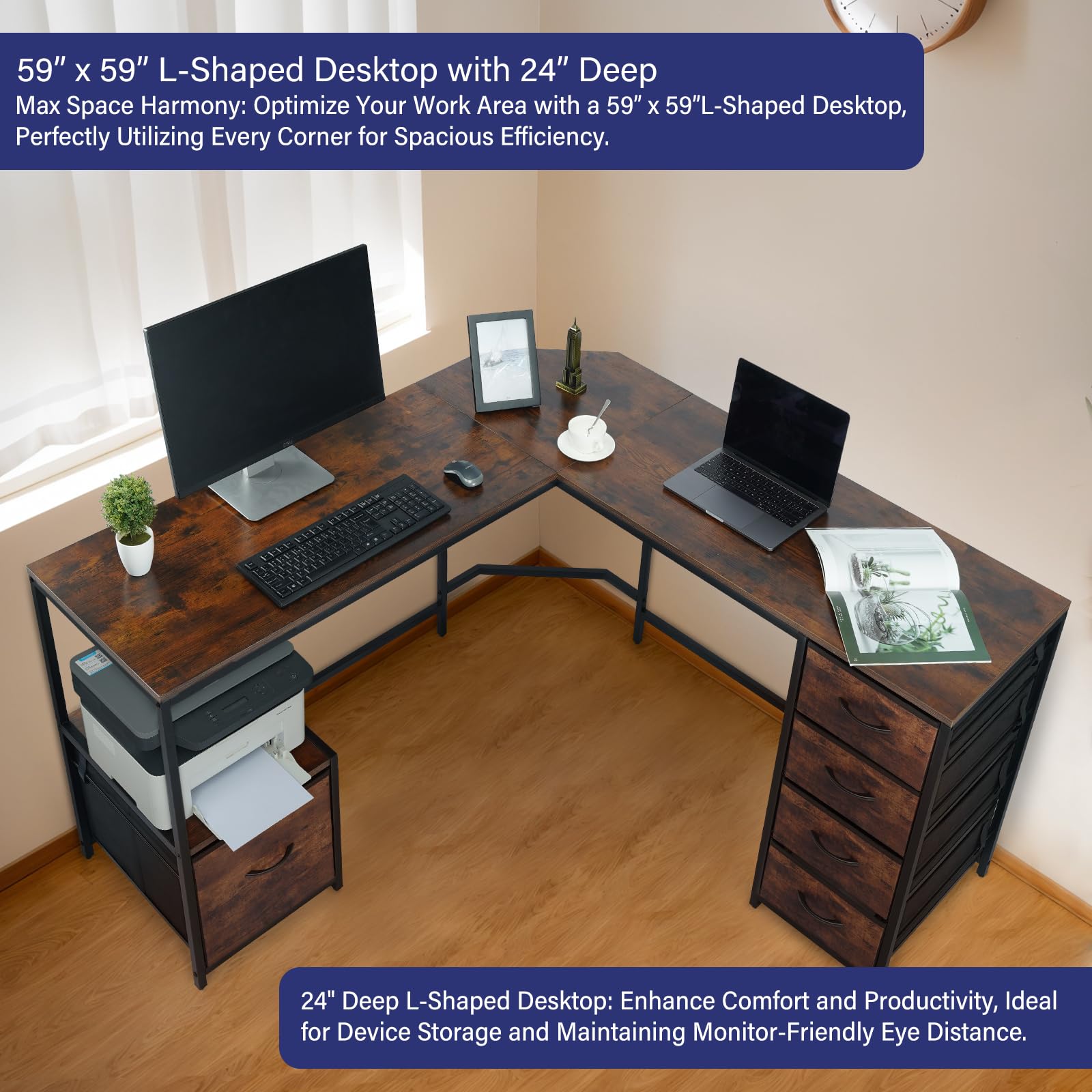 TOPSKY L-Shaped Desk Corner Computer Desk with 18.9" Depth Workstation, Cloth File Cabinet for Letter Size File Folder and 4 Cloth Storage Cabinets (Bamboo, 59 * 59 inch) - WoodArtSupply