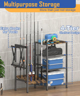 Tigerden Fishing Rod Holders for Garage, Fishing Pole Holder Stand with Multifunctional Hook, 4 Tier Fishing Gear Equipment Organizers Rack, Fits Most Rods of 1.57" for Home Entryway Corner, Black Tigerden