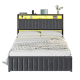LUXOAK Full Bed Frame with LED Light and Charging Station, Velvet Upholstered Headboard with Storage Shelf, Heavy Duty Metal Slats/No Box Spring Needed/Easy Assembly, Grey LUXOAK