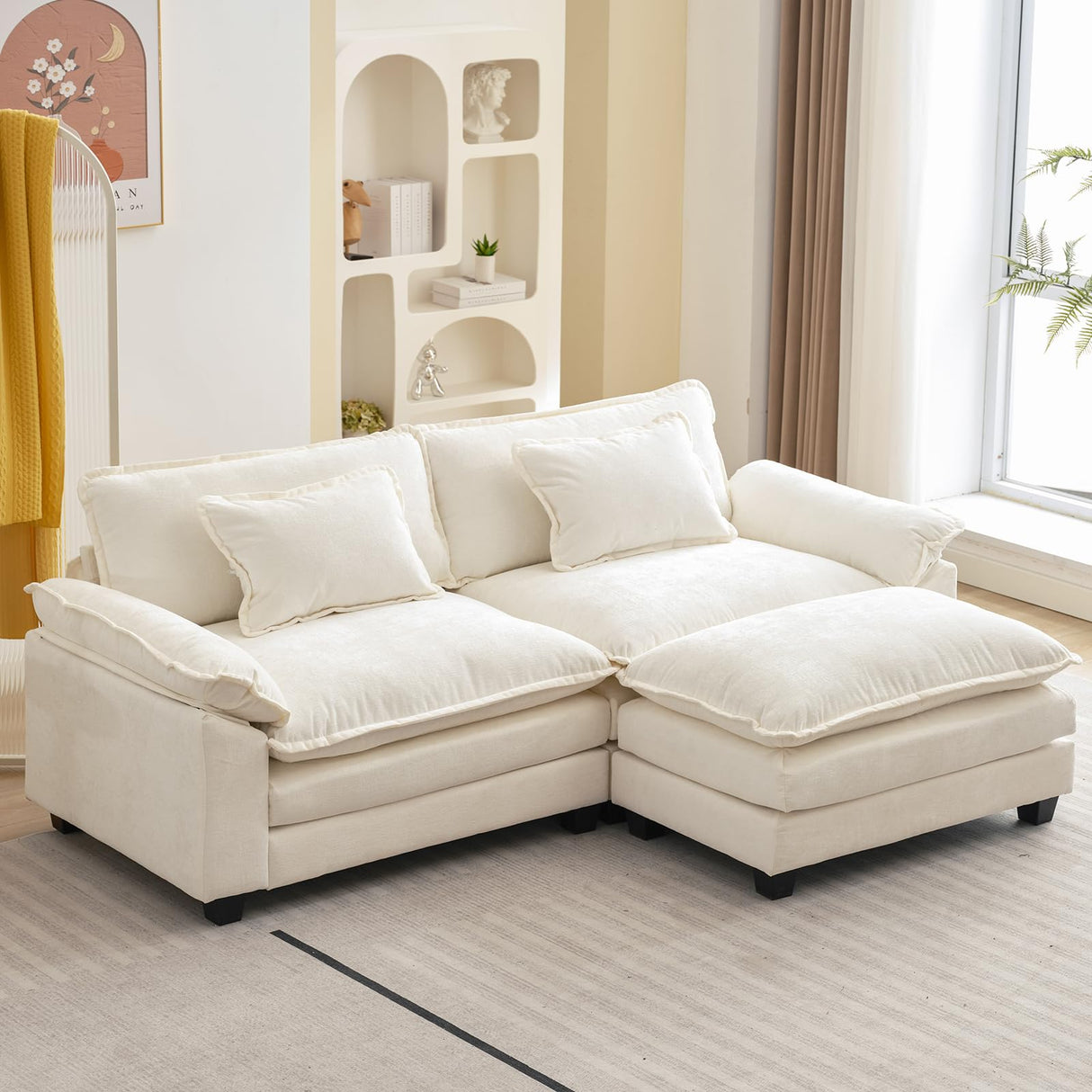Oprisen 86" Modular Sectional Sofa, Comfy Cloud Couch Sectional Sofa with Ottoman, Chenille Sofa Sleeper Deep Seat Sofa with Throw Pillows for Living Room (Beige White, 86"- L Shape) Oprisen