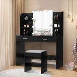 usikey Makeup Vanity with Mirror and 10 LED Lights, Vanity Makeup Table Set with 2 Drawers and Open Shelves, Makeup Vanity Desk Dressing Table with Cushioned Stool, Black usikey