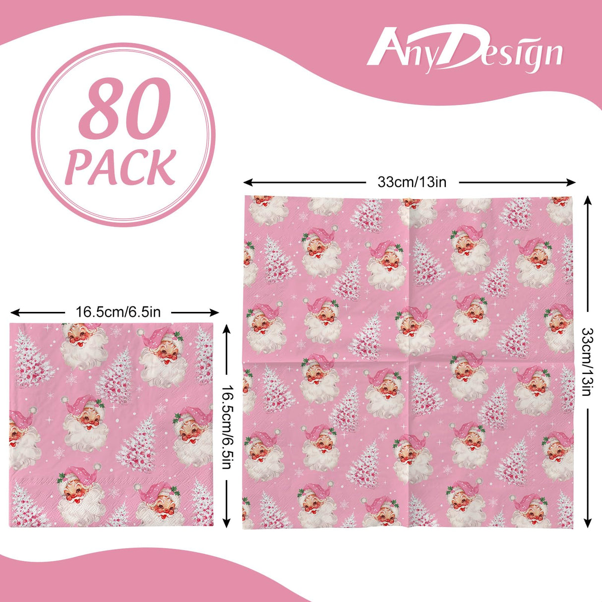 AnyDesign 80 Pack Pink Christmas Napkins Santa Xmas Tree Disposable Napkins Merry Christmas Paper Luncheon Napkins for Xmas Winter Holiday Birthday Party Supplies, 6.5 x 6.5 Inch Generic