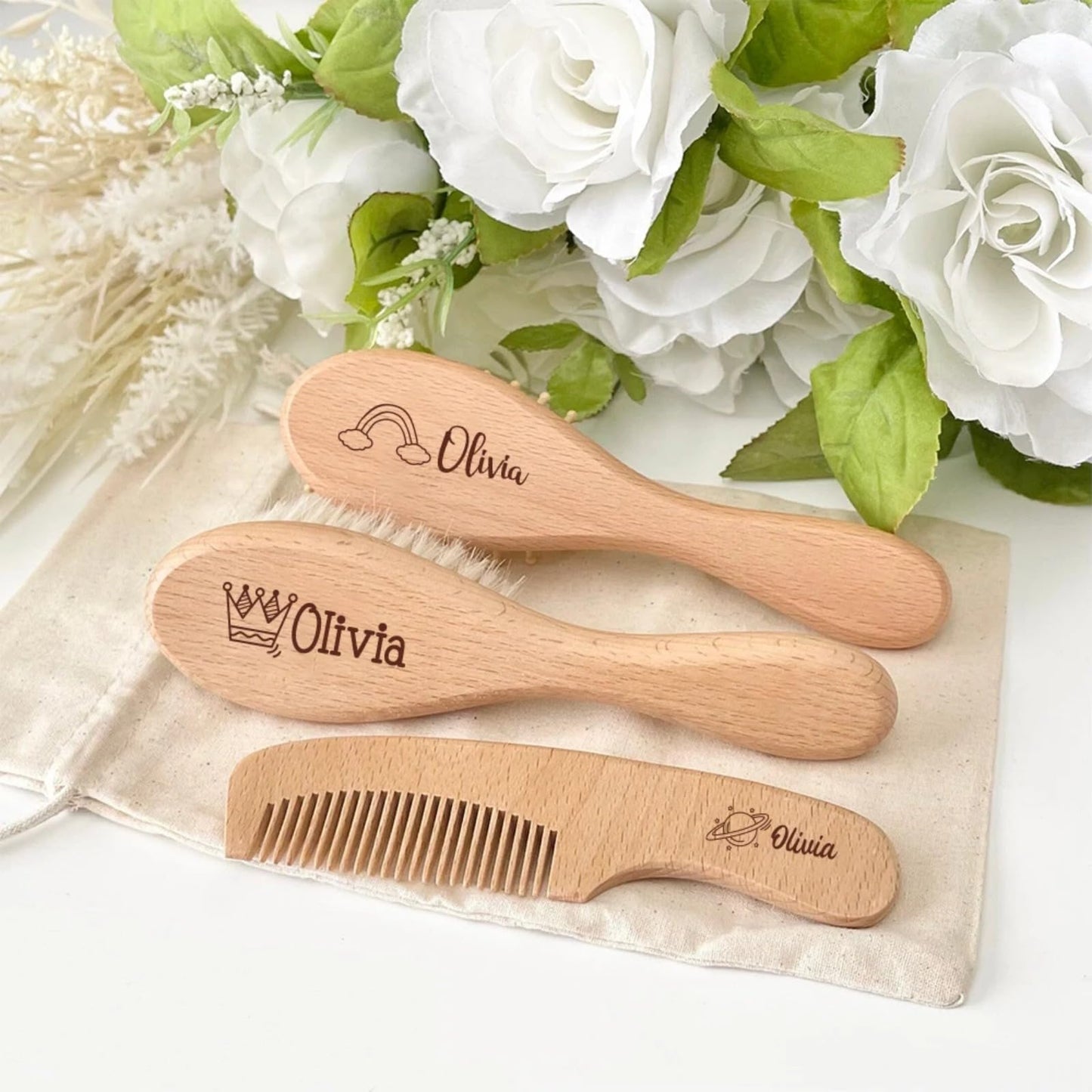 3Pcs Personalised Baby Hairbrush & Comb Set Custom Engraved Baby Brush and Comb Set for Girls Personalized Wooden Baby Hairbrush Baby Shower Keepsake Gift Baby Girl Gift Idea - WoodArtSupply