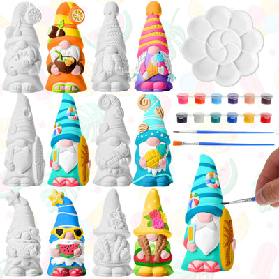 Arrowbash 6 Pcs Summer Ceramics to Paint Ready to Paint Your Own Gnome Statues 5.12 Beach Theme Paintable Figurines DIY Unpainted Ceramics Plaster Crafts Kit with Brush Palette Paint
