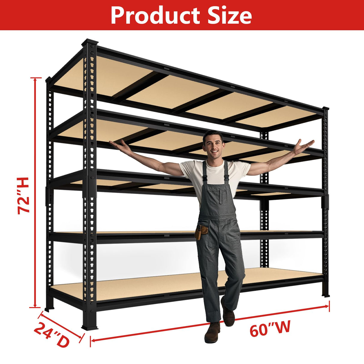 PrimeZone 60" W X 24" D X 72" H Heavy Duty Garage Storage Shelves - Adjustable Metal Shelving Unit, 5 Tier Industrial Shelves for Storage Standing Utility Rack for Warehouse, Pantry, Basement, Black PrimeZone