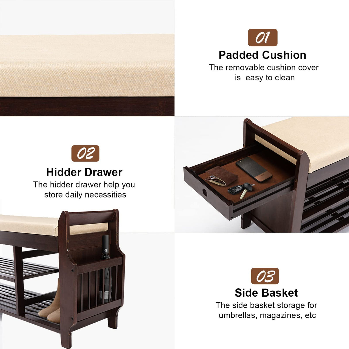 Nnewvante Large Shoe Bench Rack Shoe Organizer with Storage Side Basket Drawer Bamboo Removable Padded Cushion Seat for Entryway Hallway Living Room Bathroom-37.4in Nnewvante