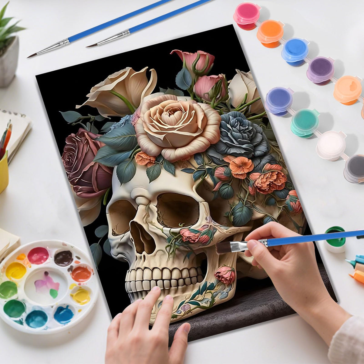 Skyboda Halloween Skull Paint by Numbers Kit for Adults Beginners with Frame, Flower Adult Paint by Number Kits on Canvas, Easy DIY Oil Painting Kits for Home Decor, 8x12in Skyboda