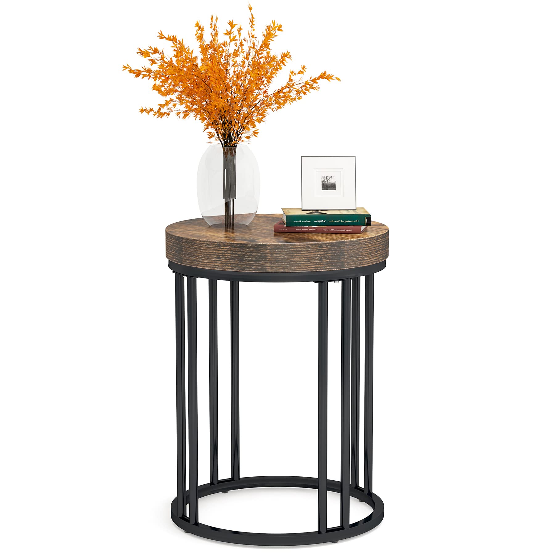 Tribesigns Round End Table, Modern Side Small Accent Nightstand with Metal Frame, Wooden Circle Bedside for Living Room Sofa Couch, Bedroom, Easy Assembly, Space Saving, Rustic Brown & Black - WoodArtSupply