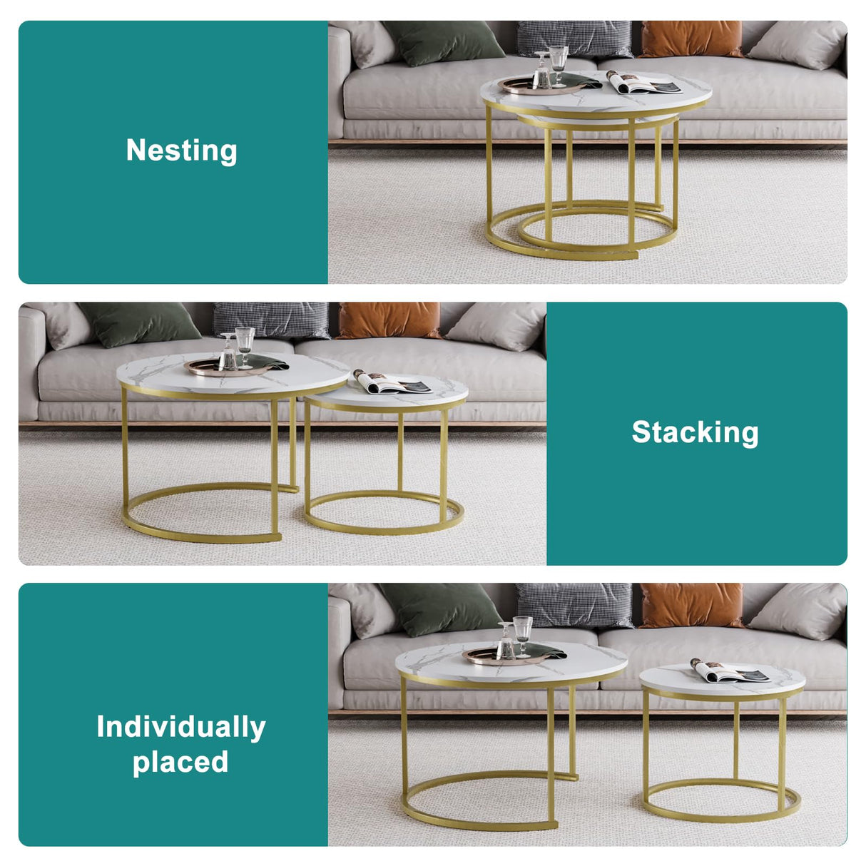 Smuxee White Nesting Coffee Table Set of 2, 27.6" Round Coffee Table Wooden Marble Pattern with Adjustable Non-Slip Feet, Industrial End Table for Living Room Bedroom Balcony Smuxee