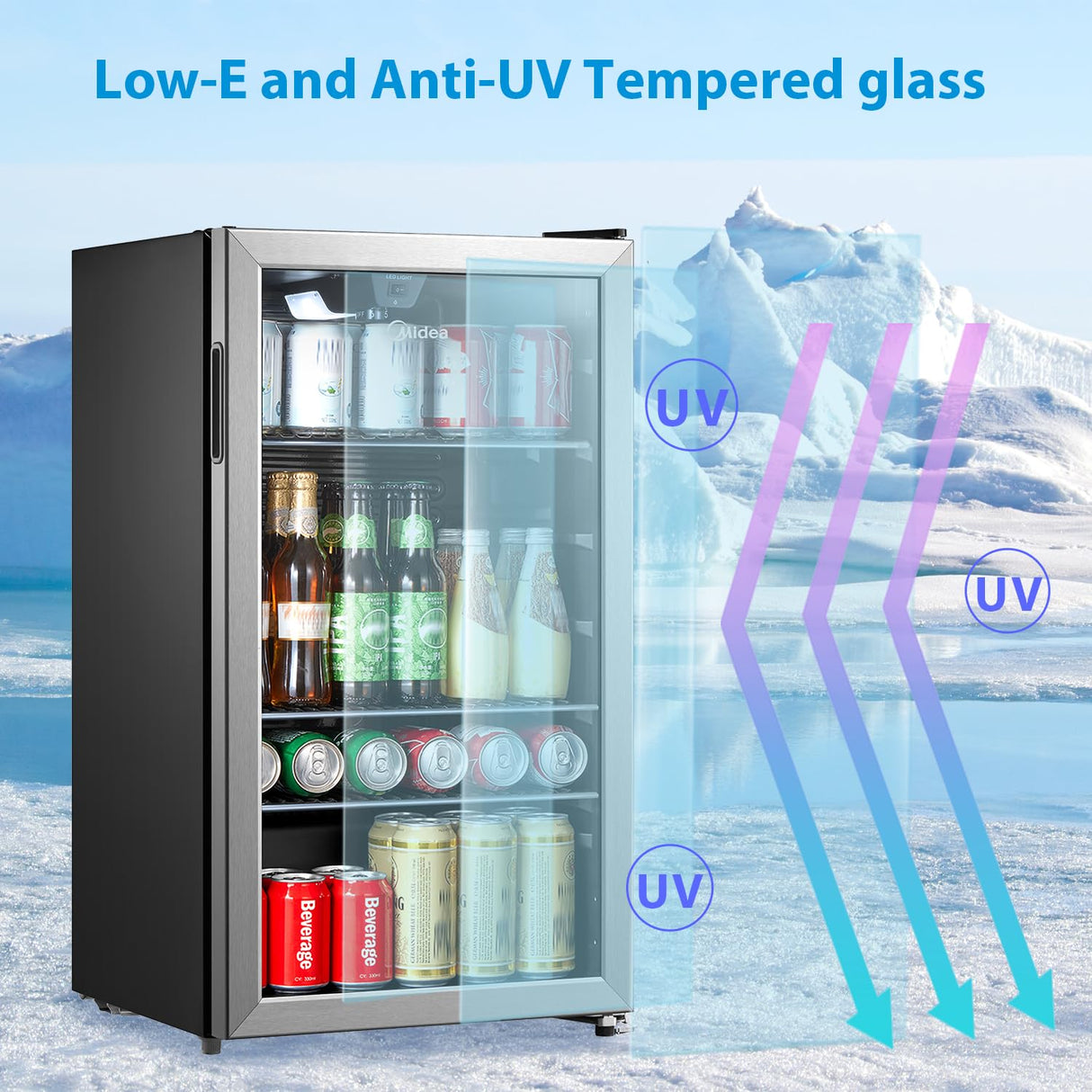 Midea MERV115T3AST 115 Cans Beverage Refrigerator with Adjustable Temperature, Removable Glass Shelf, LED Light, Silver Midea