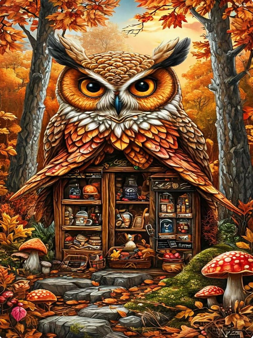 askkqtx Fall Diamond Art Kits for Adults, Owl Diamond Painting Kits for Beginners, Mushrooms DIY 5D Round Full Drill Crystal Diamond Dots Rhinestone Gem Art Craft Home Decor 12x16 Inch askkqtx