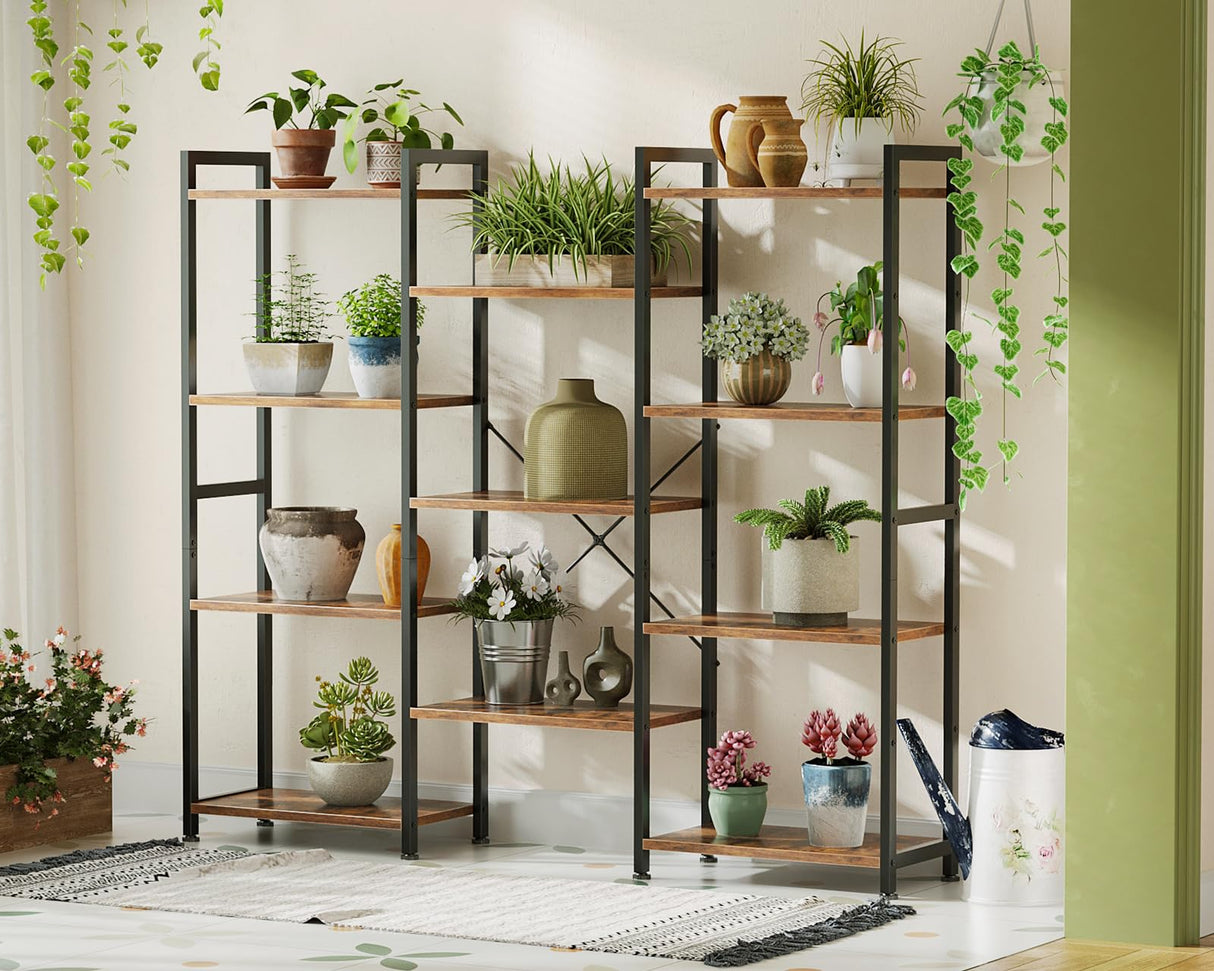 Casaottima Triple 4 Tier Bookshelf, Large Bookcase with 11 Open Display Shelves, Modern Industrial Book Shelves Book Case for Bedroom, Wide Standing Shelving Unit for Living Room Home Office, Vintage Casaottima