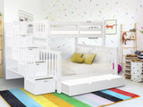Bedz King Stairway Bunk Beds Twin over Full with 4 Drawers in the Steps and a Twin Trundle, White Bedz King
