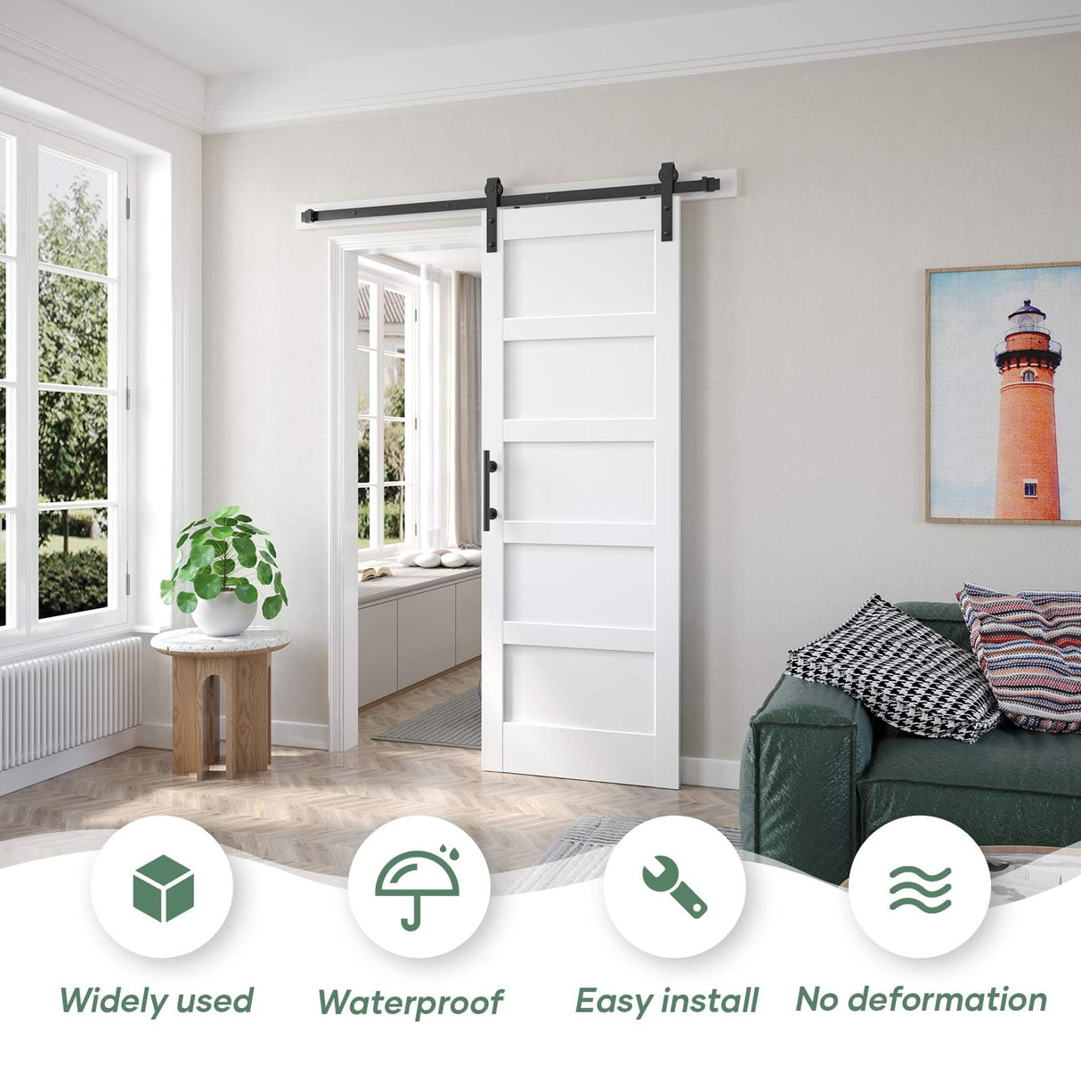 Fredbeck 30x84 inch White Barn Door with 5.5FT Sliding Door Hardware Kit Included & Handle,Solid,MDF, PVC Surface,DIY Assembly,5-Panel,Fit 27in-28in Opening FREDBECK