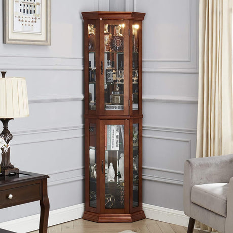 Goujxcy Lighted Corner Display Curio Cabinet Wooden Curved Shelving Unit with Adjustable Shelves and Mirrored Back Panel, Tempered Glass Doors for Goujxcy