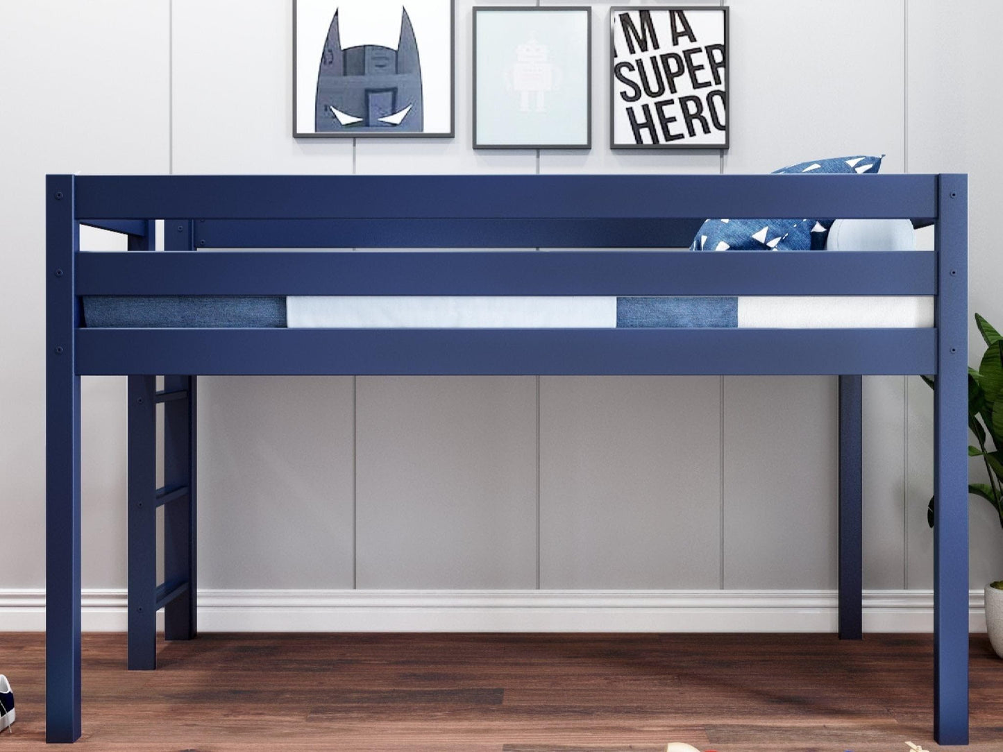 JACKPOT! Contemporary Low Loft Twin Bed with End Ladder, Blue