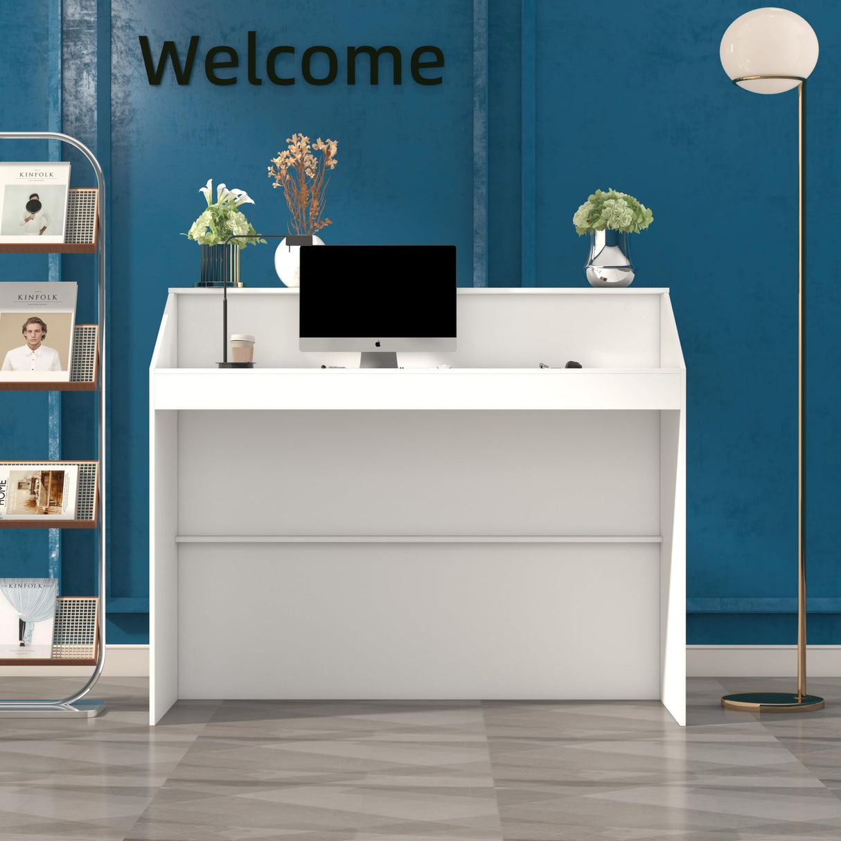 ECACAD Reception Desk with Counter, Office Desk with Modern Pattern, Retail Checkout Counter Table for Clinic Lobby Salon Office, White ECACAD