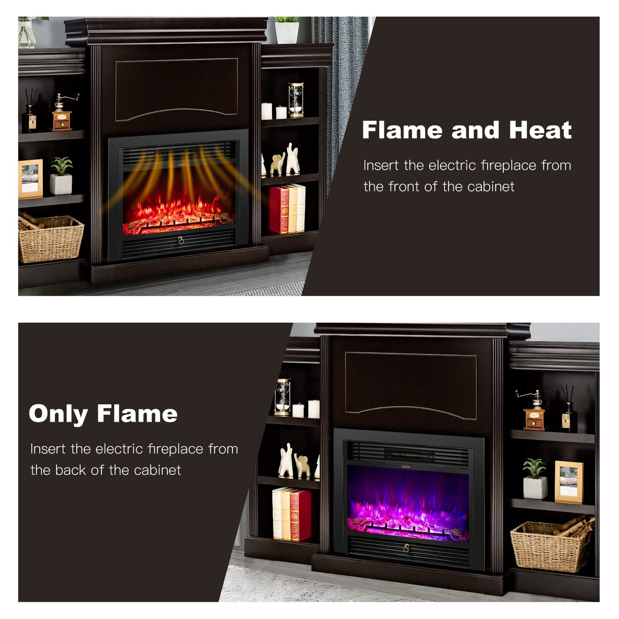 Tangkula 70" Mantel Fireplace, 750W/1500W Electric Fireplace w/Mantel & Built-in Bookshelves, 28.5-Inch Fireplace w/Remote Control, 1-8H Timer, Adjustable Flame Brightness & Color (Espresso) Tangkula