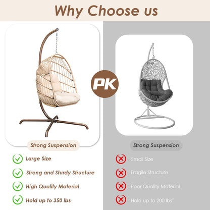 RADIATA Foldable Wicker Rattan Hanging Egg Chair with Stand, Swing Chair with Cushion and Pillow, Lounging Chair for Indoor Outdoor Bedroom Patio Garden (Beige with Stand)