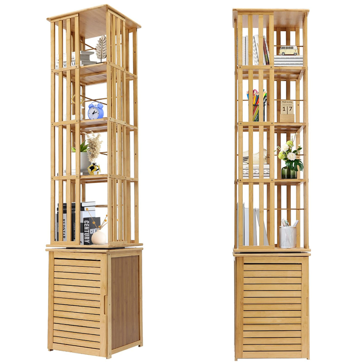 360° Rotating 6-Tier Bamboo Bookshelf with Shutter Door - Stylish Storage Rack for Small Spaces OUKANING