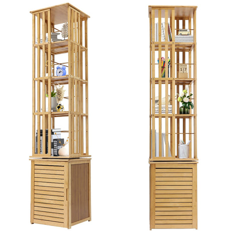 360° Rotating 6-Tier Bamboo Bookshelf with Shutter Door - Stylish Storage Rack for Small Spaces OUKANING