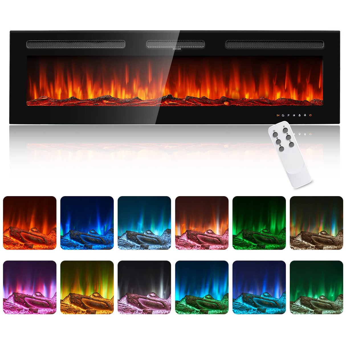 oneinmil Electric Fireplace, 60 inch Wide Recessed and Wall Mounted Electric Fireplace, 750W/1500W, 12 Color Flame, Remote Control, Log Set & Crystal oneinmil