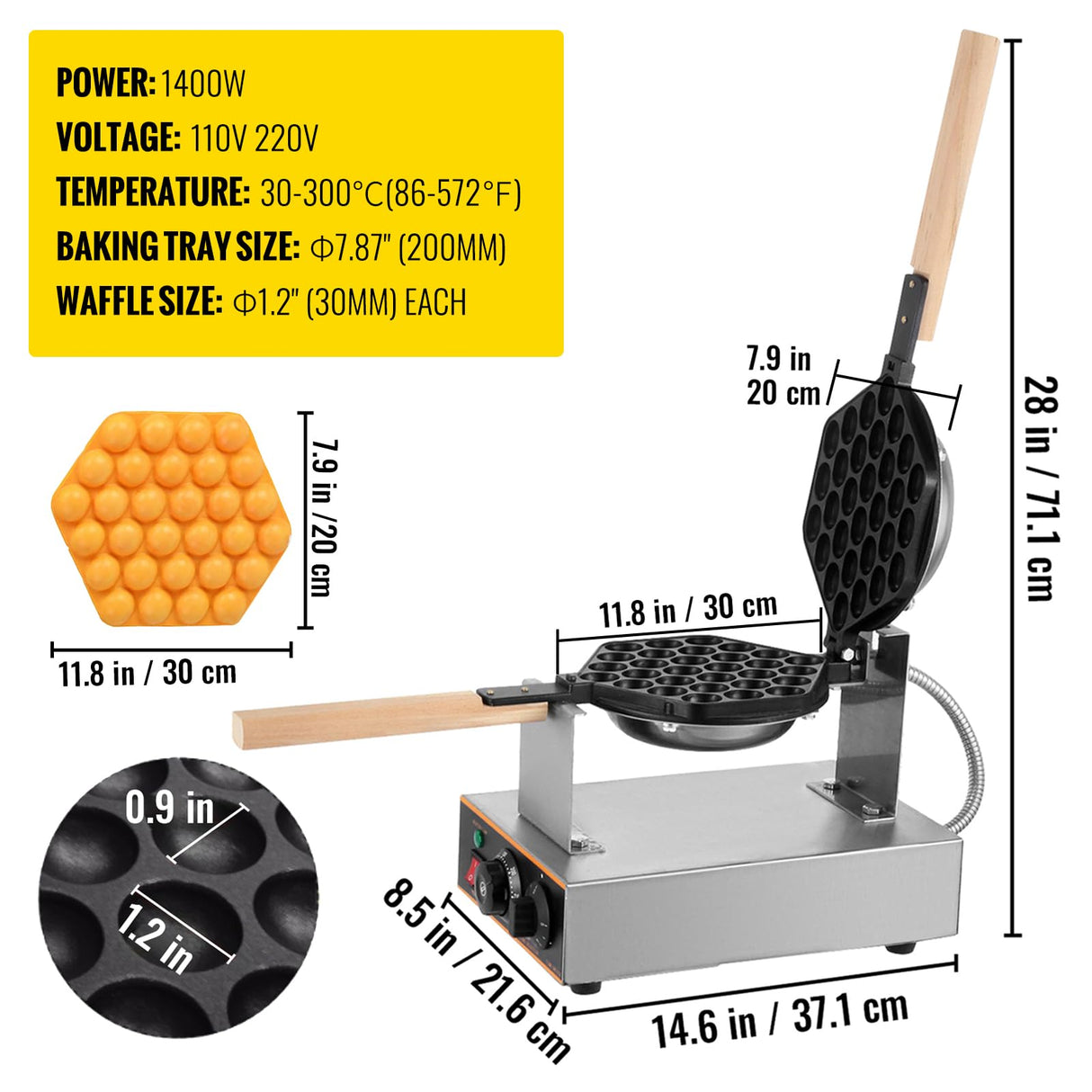 VEVOR Commercial Bubble Waffle Maker, 1400W Egg Bubble Puff Iron w/ 180° Rotatable 2 Pans & Wooden Handles, Stainless Steel Baker w/Non-Stick Teflon Coating, 50-250℃/122-482℉ Adjustable VEVOR