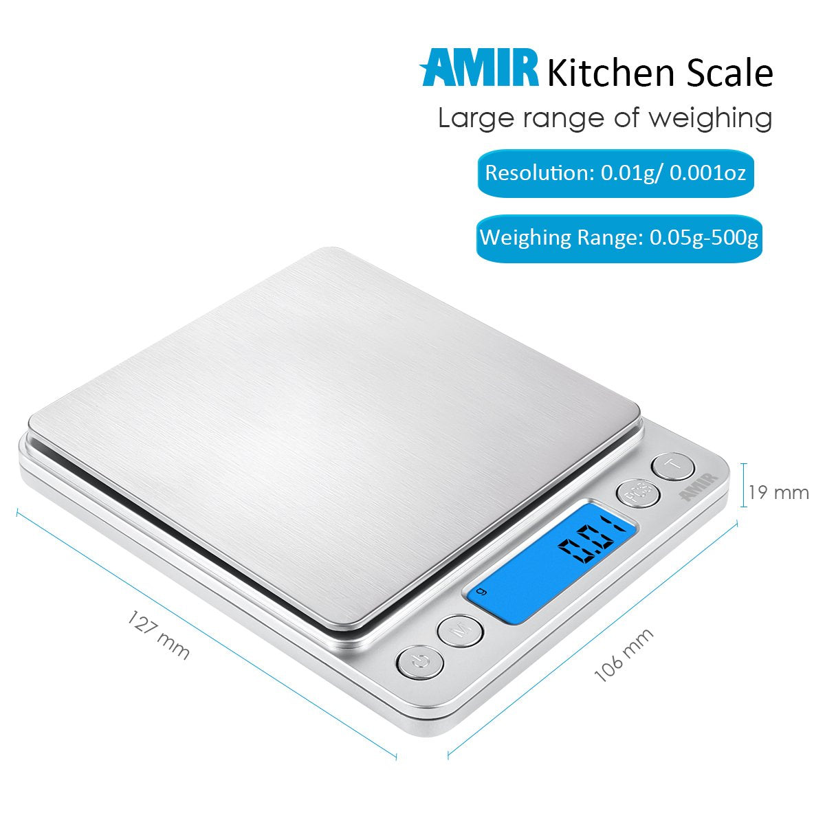 (Upgraded) AMIR Digital Kitchen Scale, 500g Mini Pocket Jewelry Scale, Food Scale, Coffee Scale, Back-Lit LCD Display, 2 Trays, 6 Units, Auto Off, Tare, PCS, Stainless Steel (Batteries Included) AMIR