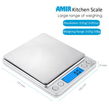(Upgraded) AMIR Digital Kitchen Scale, 500g Mini Pocket Jewelry Scale, Food Scale, Coffee Scale, Back-Lit LCD Display, 2 Trays, 6 Units, Auto Off, Tare, PCS, Stainless Steel (Batteries Included) AMIR
